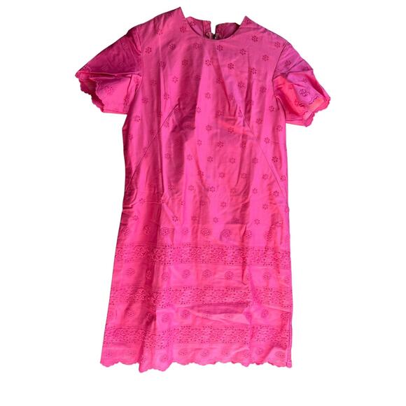 Vintage 60s MOD MCM Eyelet Mini Dress Embroidered Handmade Hot Pink Size M - Picture 1 of 5